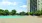 a sandy area with trees and buildings in the background
